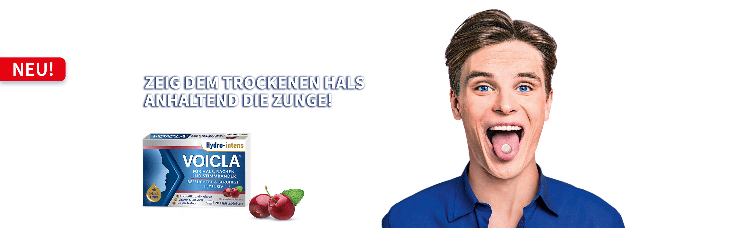 Junger Mann probiert Voicla Halstabletten 