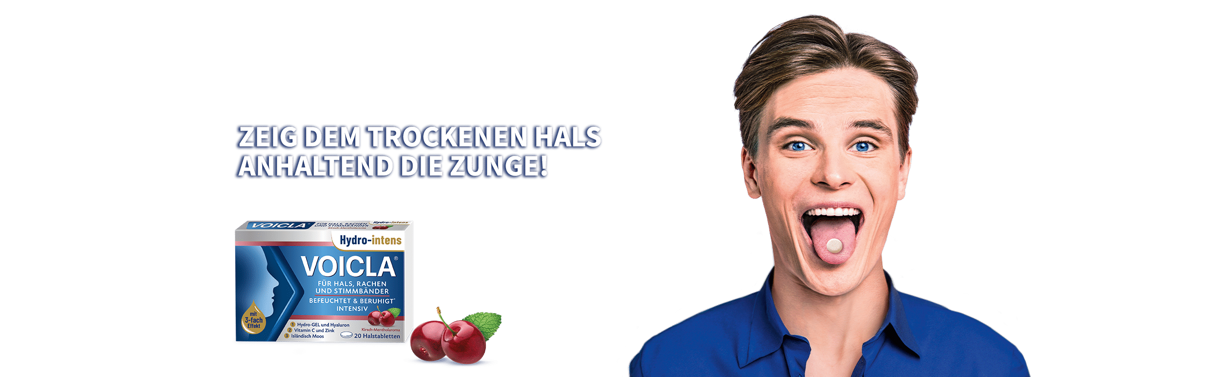 Junger Mann probiert Voicla Halstabletten 